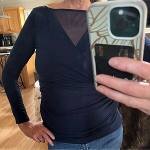 White House/Black Market Dark Blue Ruched Long Sleeve Top Sheer Overlay Sz M